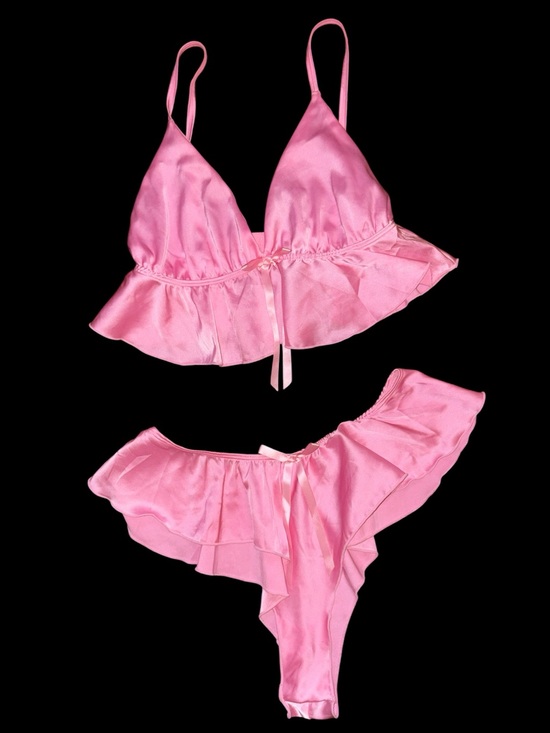 Hustler Hollywood Other - Pink Satin Ruffle Bralette & Thong Shorts Lingerie Set - Women Intimates
